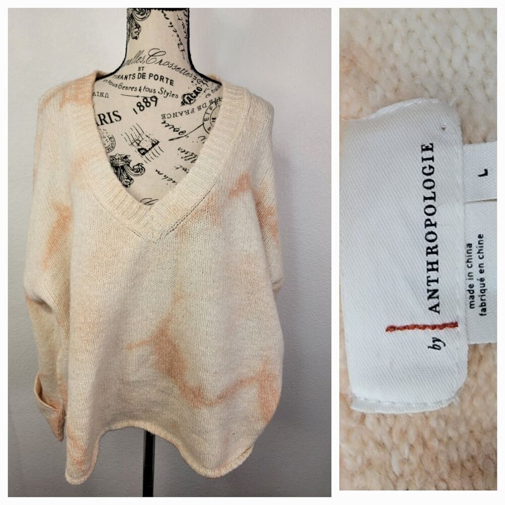 Anthropologie Cream and Peach Tie-Dye V-Neck Sweater Pullover